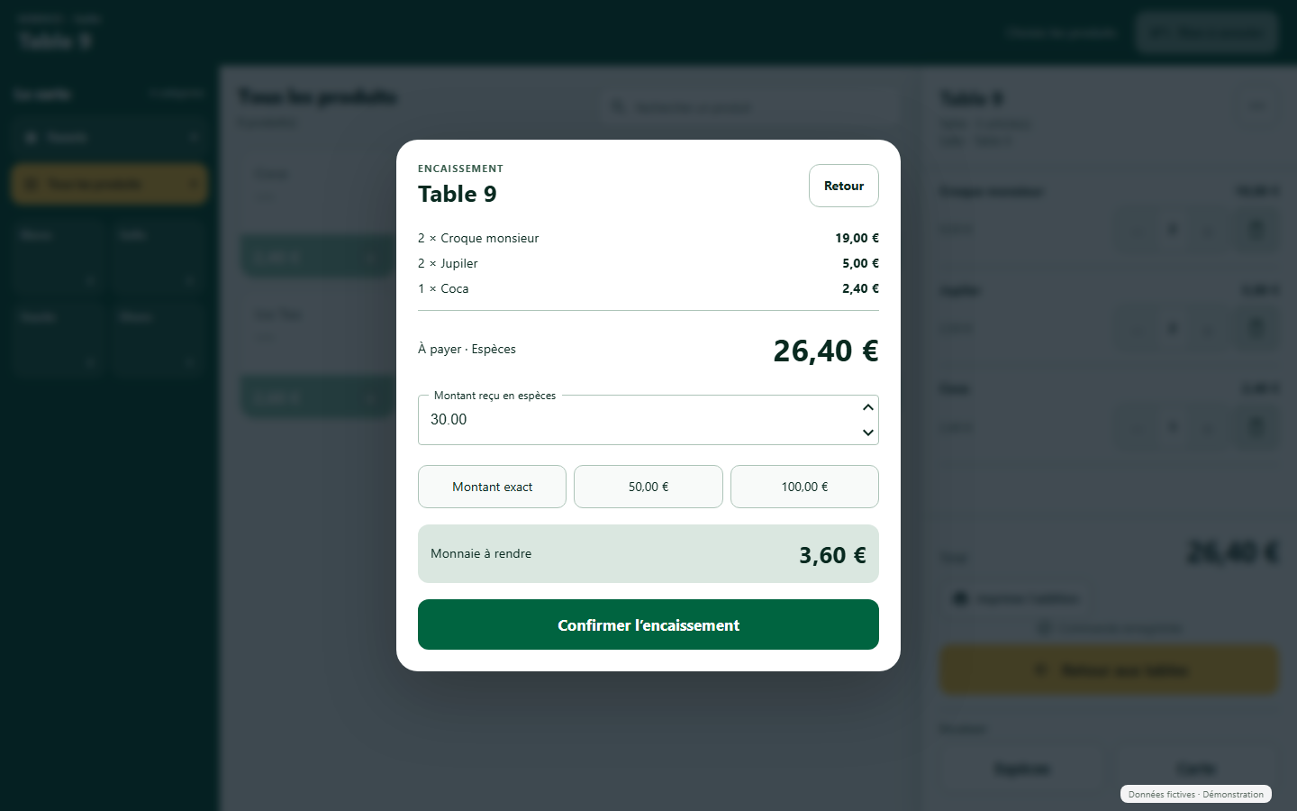 Écran d’encaissement de Bistro Tablet avec le total, le montant reçu et la monnaie à rendre, en démonstration.