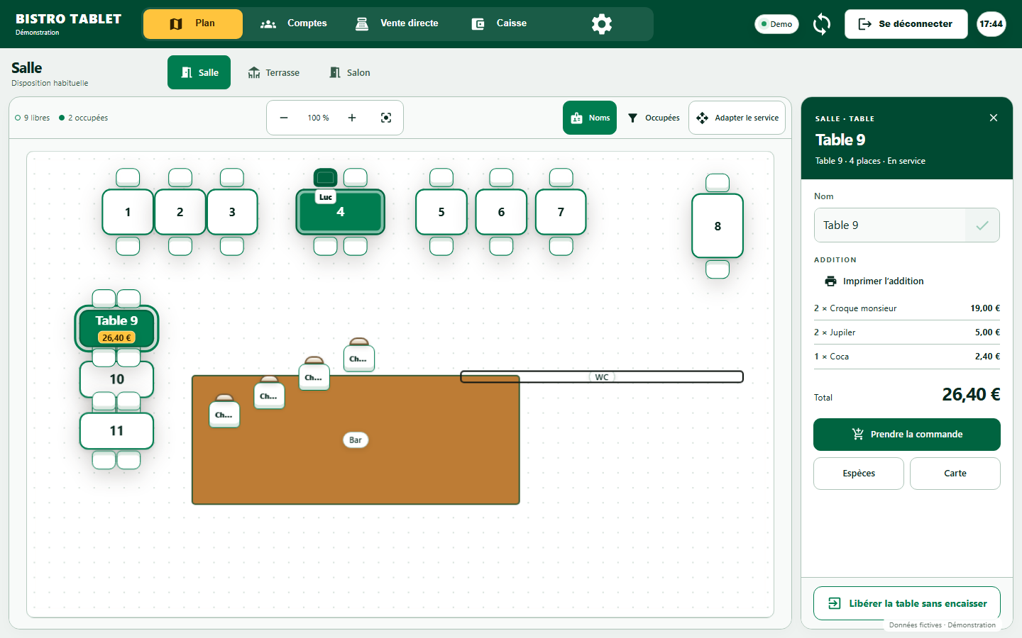 Plan de salle de Bistro Tablet montrant les tables et les places, avec des données de démonstration.